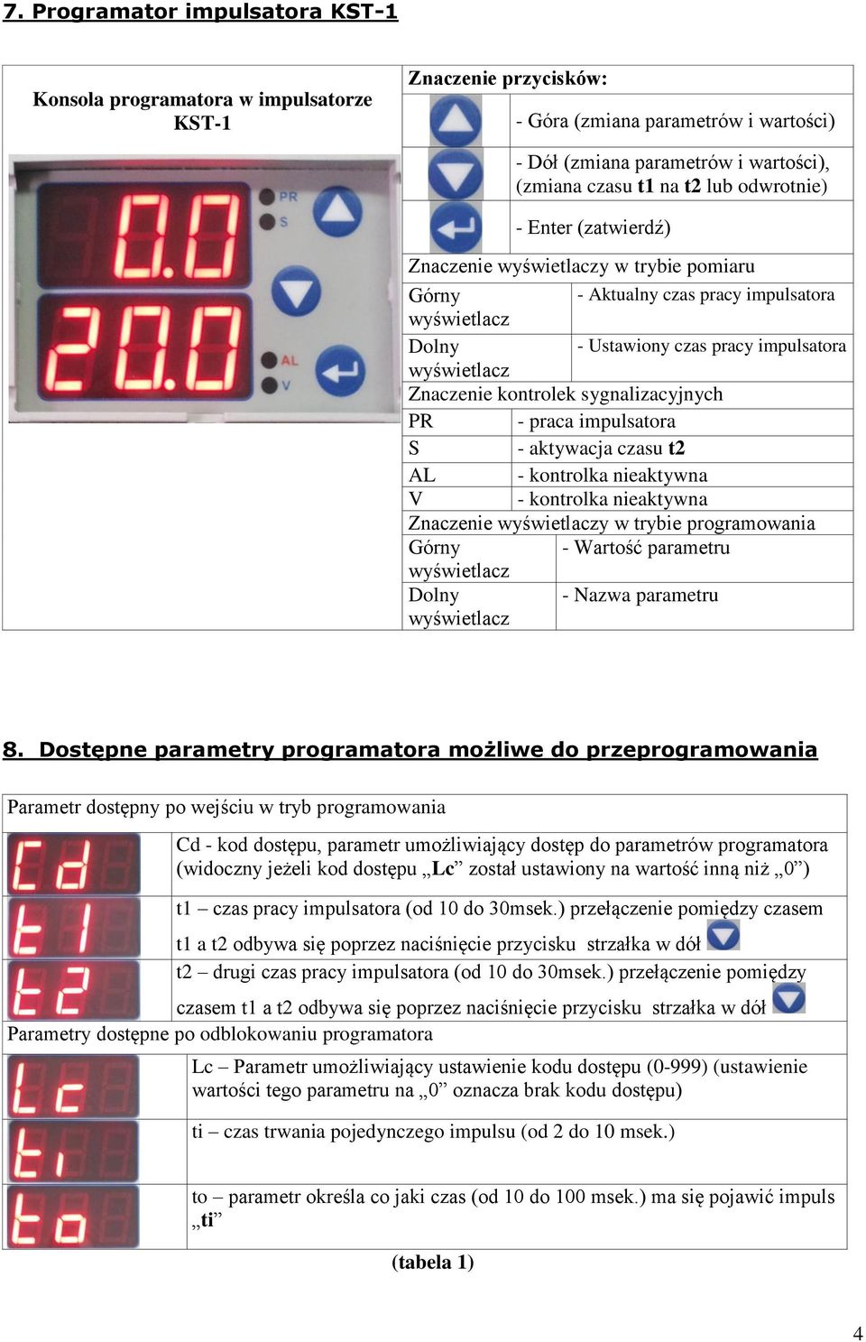 impulsatora S - aktywacja czasu t2 AL - kontrolka nieaktywna V - kontrolka nieaktywna Znaczenie y w trybie programowania Górny - Wartość parametru Dolny - Nazwa parametru 8.