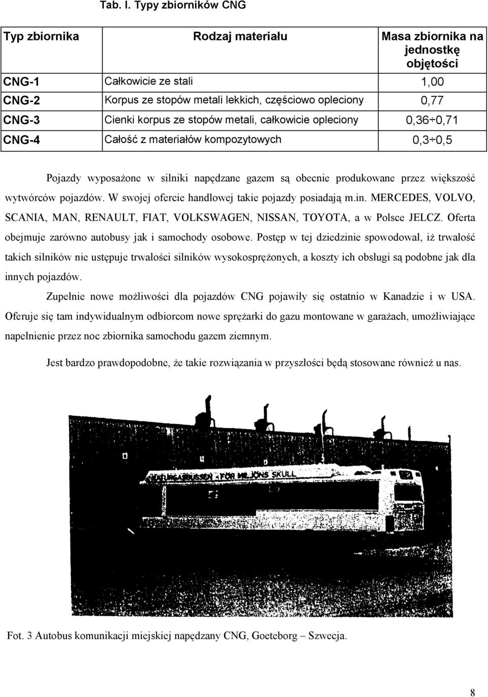 korpus ze stopów metali, całkowicie opleciony 0,36 0,71 CNG-4 Całość z materiałów kompozytowych 0,3 0,5 Pojazdy wyposażone w silniki napędzane gazem są obecnie produkowane przez większość wytwórców