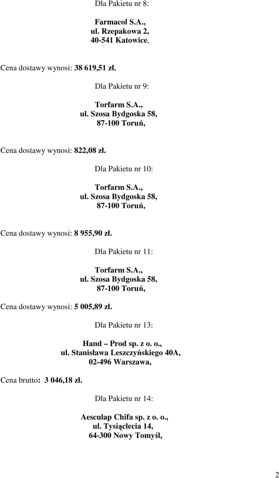 Cena dostawy wynosi: 5 005,89 zł. Cena brutto: 3 046,18 zł. Dla Pakietu nr 11: Dla Pakietu nr 13: Hand Prod sp.