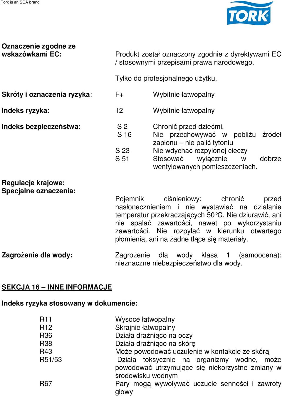 S 16 Nie przechowywać w pobliżu źródeł zapłonu nie palić tytoniu S 23 Nie wdychać rozpylonej cieczy S 51 Stosować wyłącznie w dobrze wentylowanych pomieszczeniach.