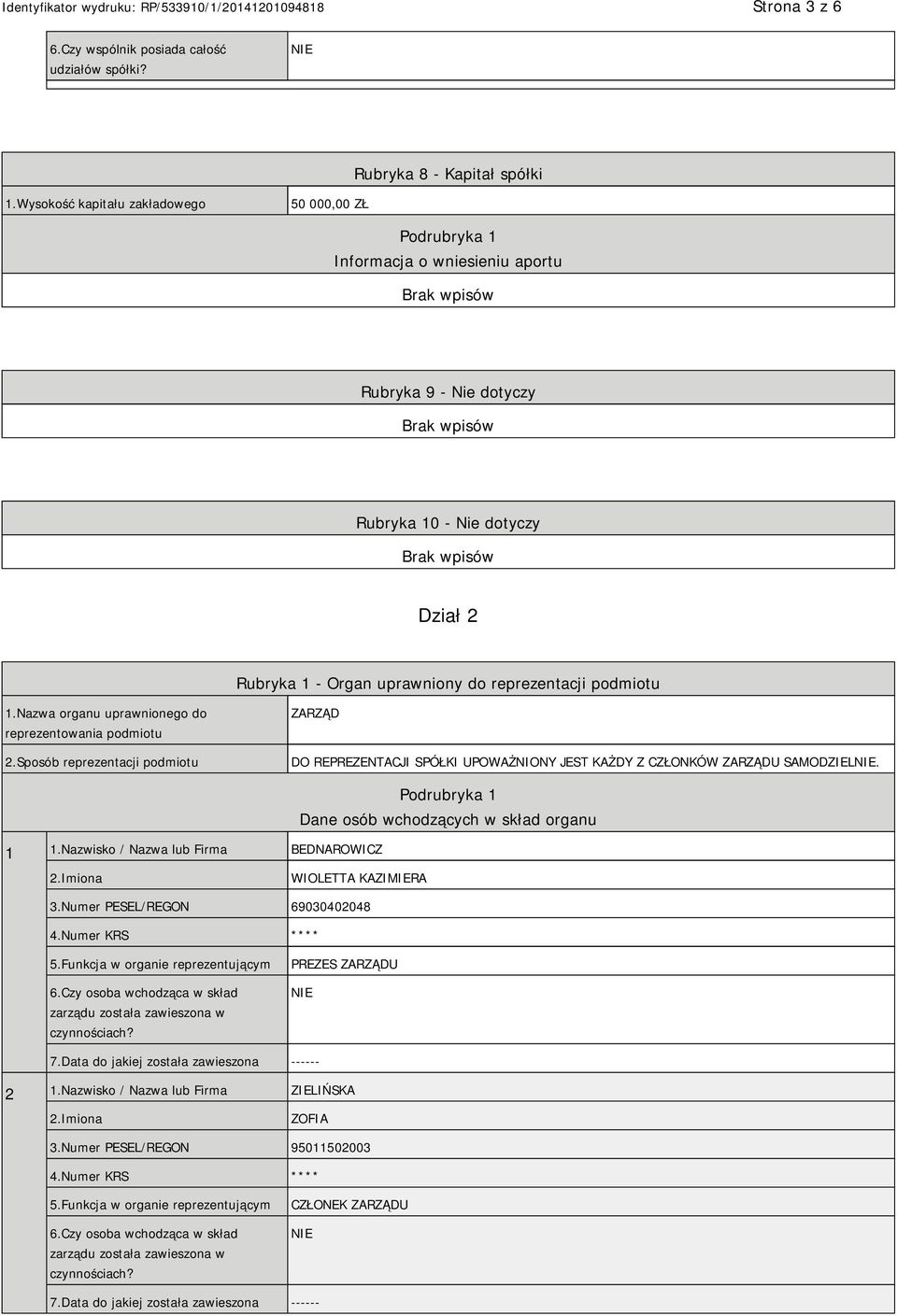 1.Nazwa organu uprawnionego do reprezentowania podmiotu 2.Sposób reprezentacji podmiotu ZARZĄD DO REPREZENTACJI SPÓŁKI UPOWAŻNIONY JEST KAŻDY Z CZŁONKÓW ZARZĄDU SAMODZIEL. 1 1.