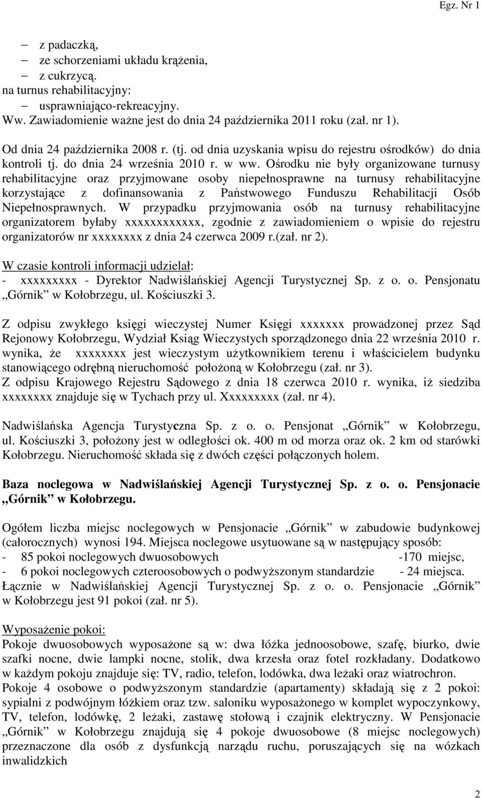 Ośrodku nie były organizowane turnusy rehabilitacyjne oraz przyjmowane osoby niepełnosprawne na turnusy rehabilitacyjne korzystające z dofinansowania z Państwowego Funduszu Rehabilitacji Osób