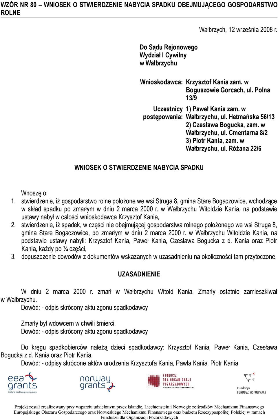 w Wałbrzychu, ul. Różana 22/6 Wnoszę o: 1. stwierdzenie, iż gospodarstwo rolne położone we wsi Struga 8, gmina Stare Bogaczowice, wchodzące w skład spadku po zmarłym w dniu 2 marca 2000 r.