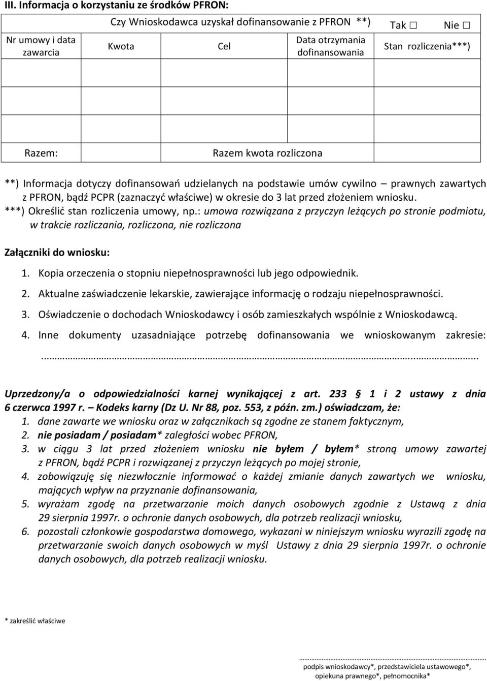 wniosku. ***) Określić stan rozliczenia umowy, np.: umowa rozwiązana z przyczyn leżących po stronie podmiotu, w trakcie rozliczania, rozliczona, nie rozliczona Załączniki do wniosku: 1.