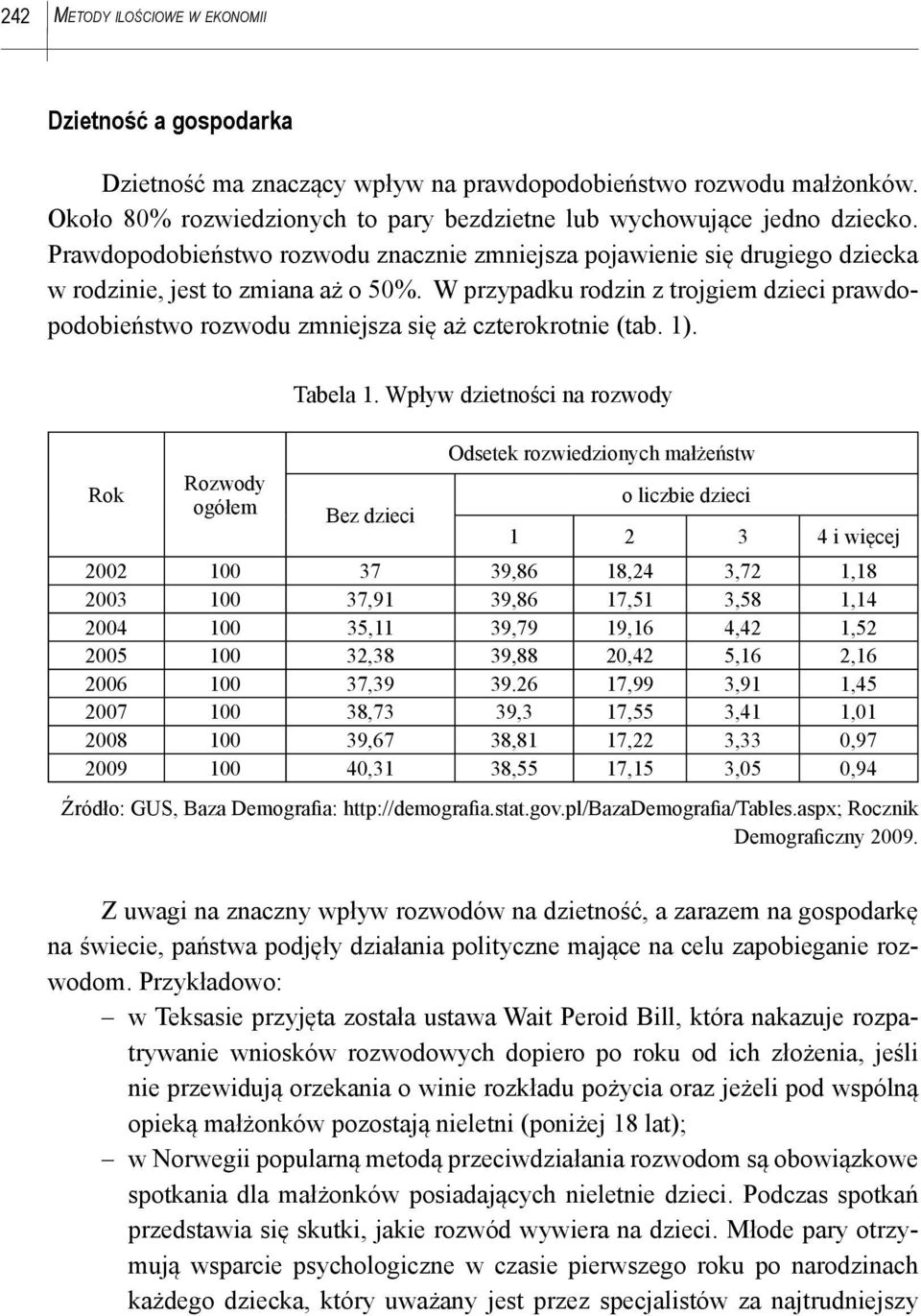 W przypadku rodzin z trojgiem dzieci prawdopodobieństwo rozwodu zmniejsza się aż czterokrotnie (tab. 1). Tabela 1.