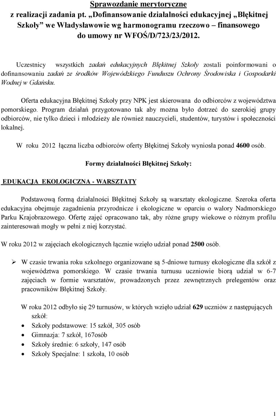 Oferta edukacyjna Błękitnej Szkoły przy NPK jest skierowana do odbiorców z województwa pomorskiego.