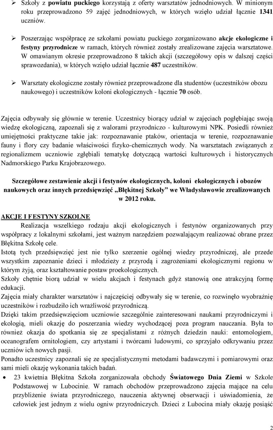 W omawianym okresie przeprowadzono 8 takich akcji (szczegółowy opis w dalszej części sprawozdania), w których wzięło udział łącznie 487 uczestników.