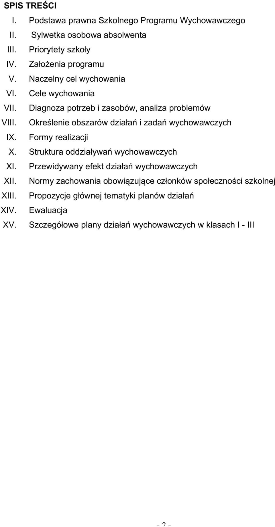 Określenie obszarów działań i zadań wychowawczych IX. Formy realizacji X. Struktura oddziaływań wychowawczych XI.