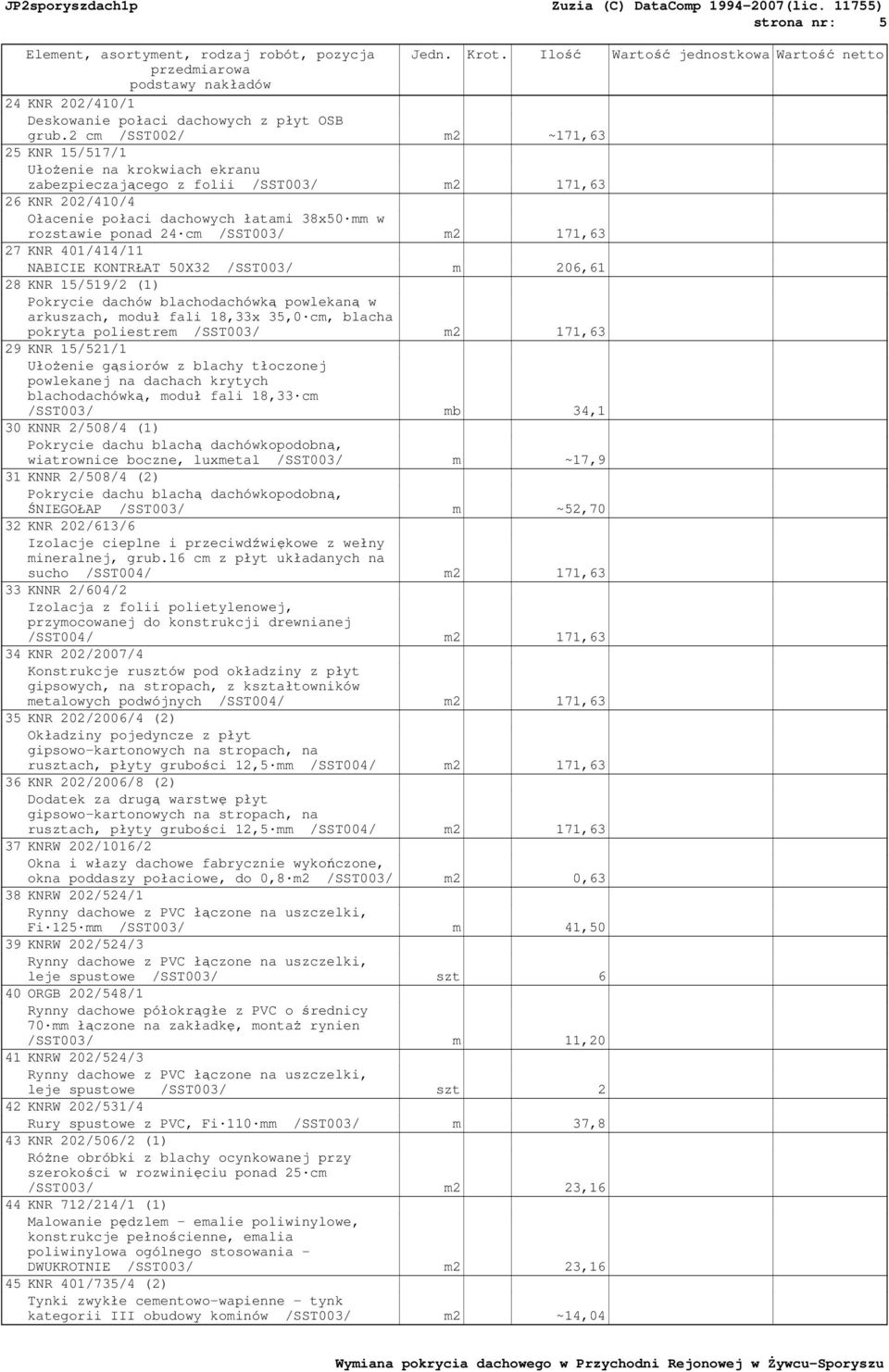 /SST003/ m2 171,63 27 KNR 401/414/11 NABICIE KONTRŁAT 50X32 /SST003/ m 206,61 28 KNR 15/519/2 (1) Pokrycie dachów blachodachówką powlekaną w arkuszach, moduł fali 18,33x 35,0 cm, blacha pokryta