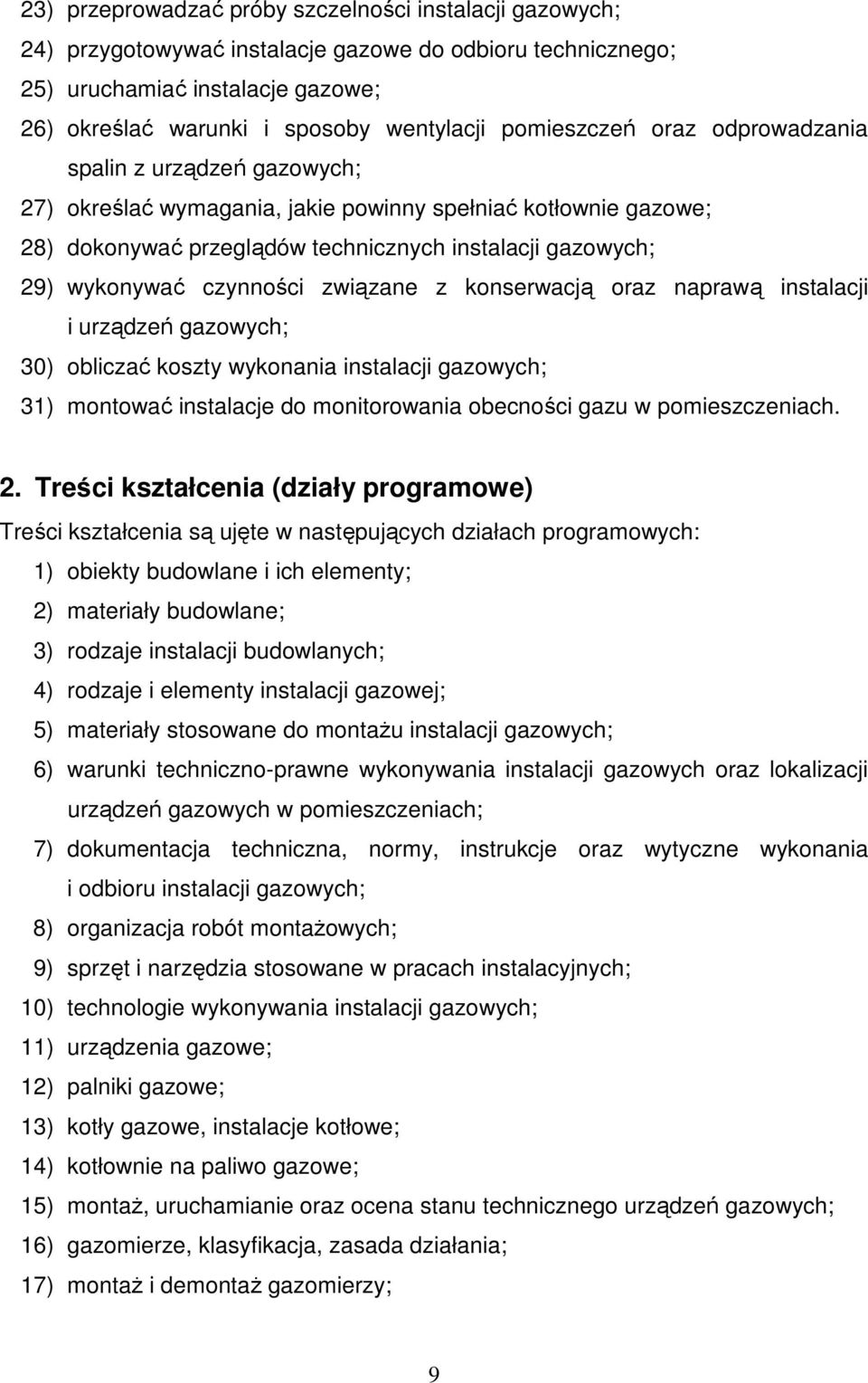 czynności związane z konserwacją oraz naprawą instalacji i urządzeń gazowych; 30) obliczać koszty wykonania instalacji gazowych; 31) montować instalacje do monitorowania obecności gazu w