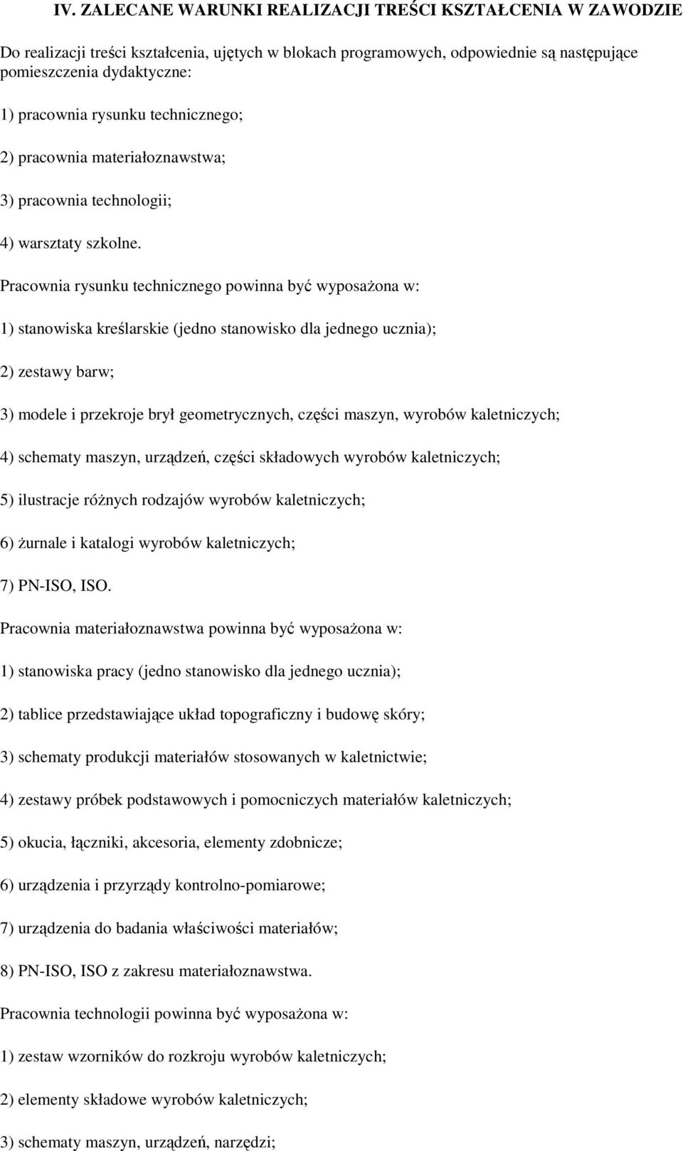 Pracownia rysunku technicznego powinna być wyposażona w: 1) stanowiska kreślarskie (jedno stanowisko dla jednego ucznia); 2) zestawy barw; 3) modele i przekroje brył geometrycznych, części maszyn,