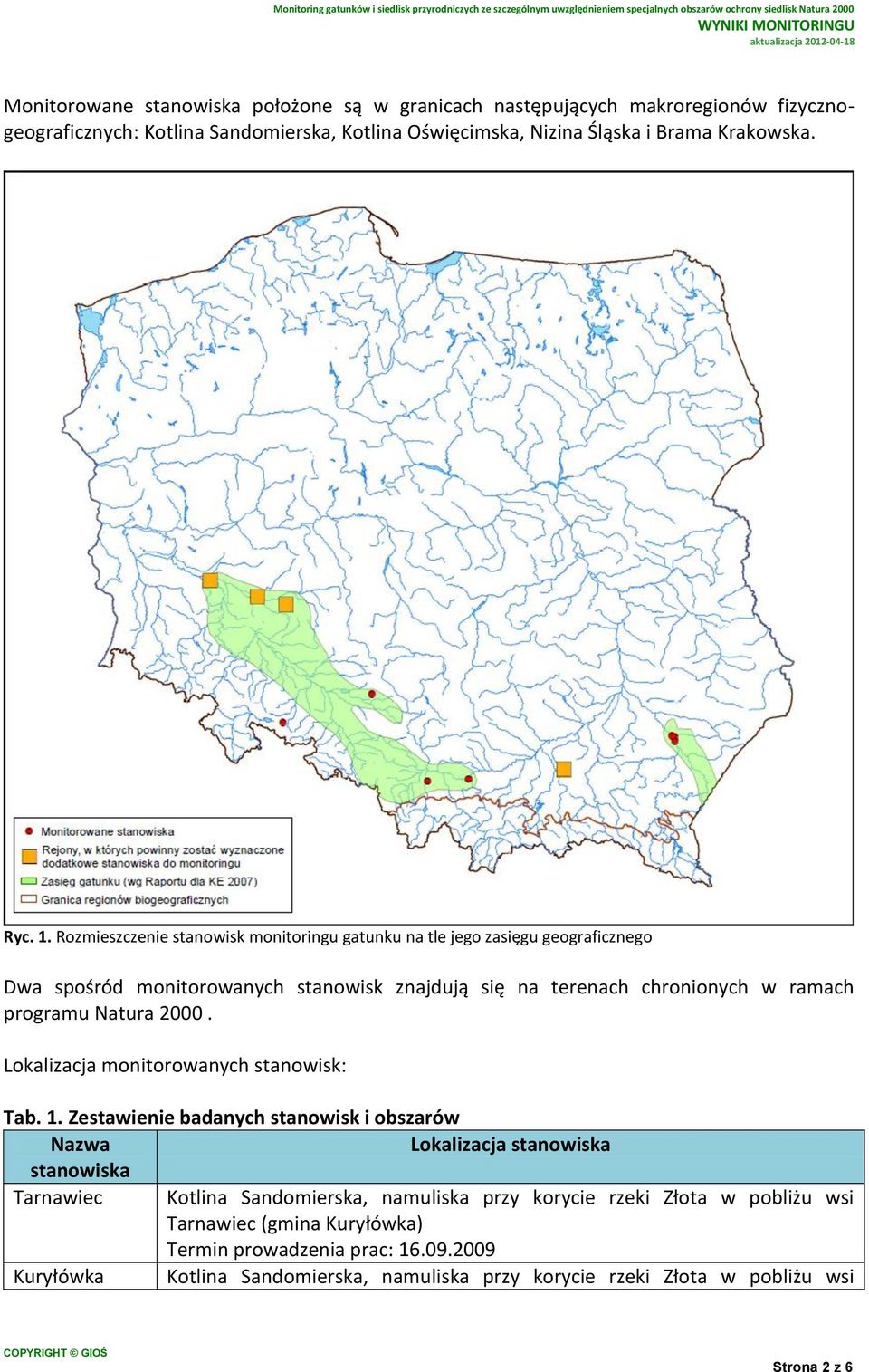 Lokalizacja monitorowanych stanowisk: Tab. 1.