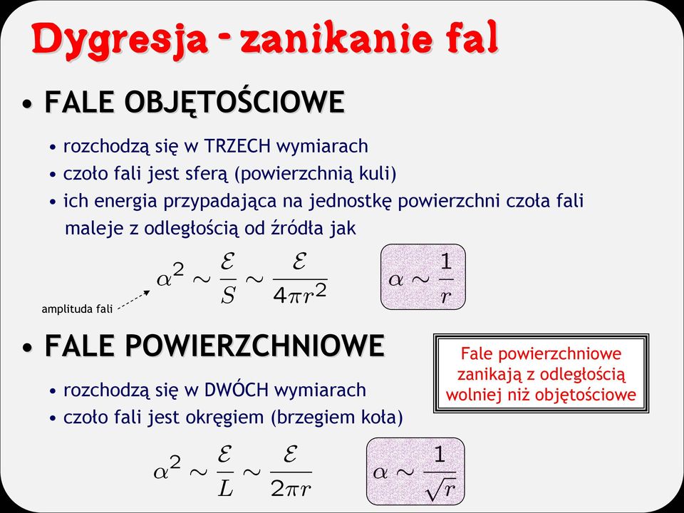 odległością od źródła jak amplituda fali FALE POWIERZCHNIOWE rozchodzą się w DWÓCH wymiarach