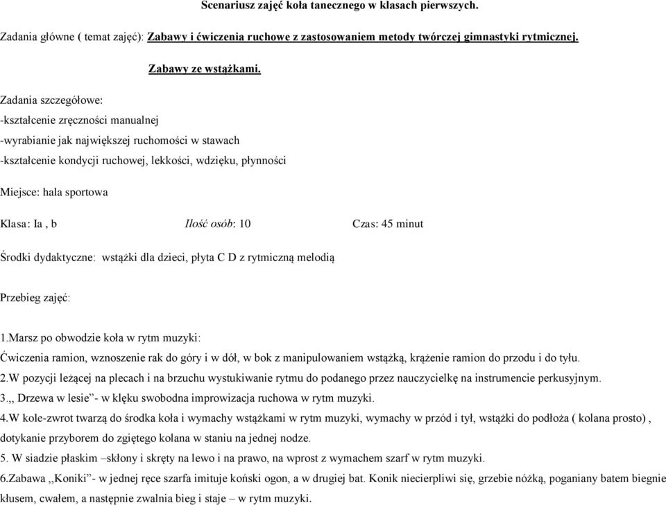 b Ilość osób: 10 Czas: 45 minut Środki dydaktyczne: wstążki dla dzieci, płyta C D z rytmiczną melodią Przebieg zajęć: 1.