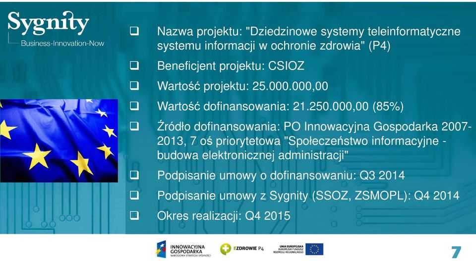 000,00 (85%) Źródło dofinansowania: PO Innowacyjna Gospodarka 2007-2013, 7 oś priorytetowa "Społeczeństwo