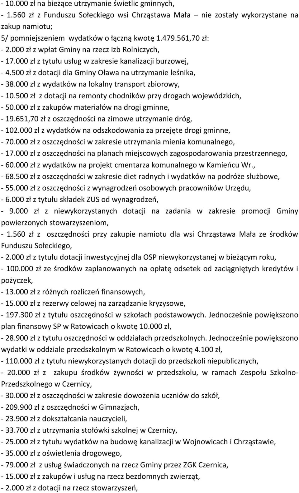 000 zł z wydatków na lokalny transport zbiorowy, - 10.500 zł z dotacji na remonty chodników przy drogach wojewódzkich, - 50.000 zł z zakupów materiałów na drogi gminne, - 19.