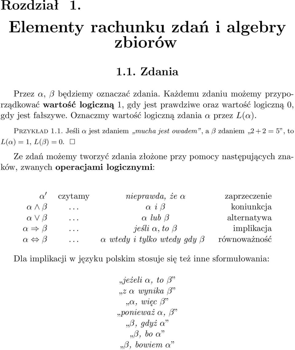 Ze zdań możemy tworzyć zdania złożone przy pomocy następujących znaków, zwanych operacjami logicznymi: α czytamy nieprawda, że α zaprzeczenie α β... α i β koniunkcja α β... α lub β alternatywa α β.