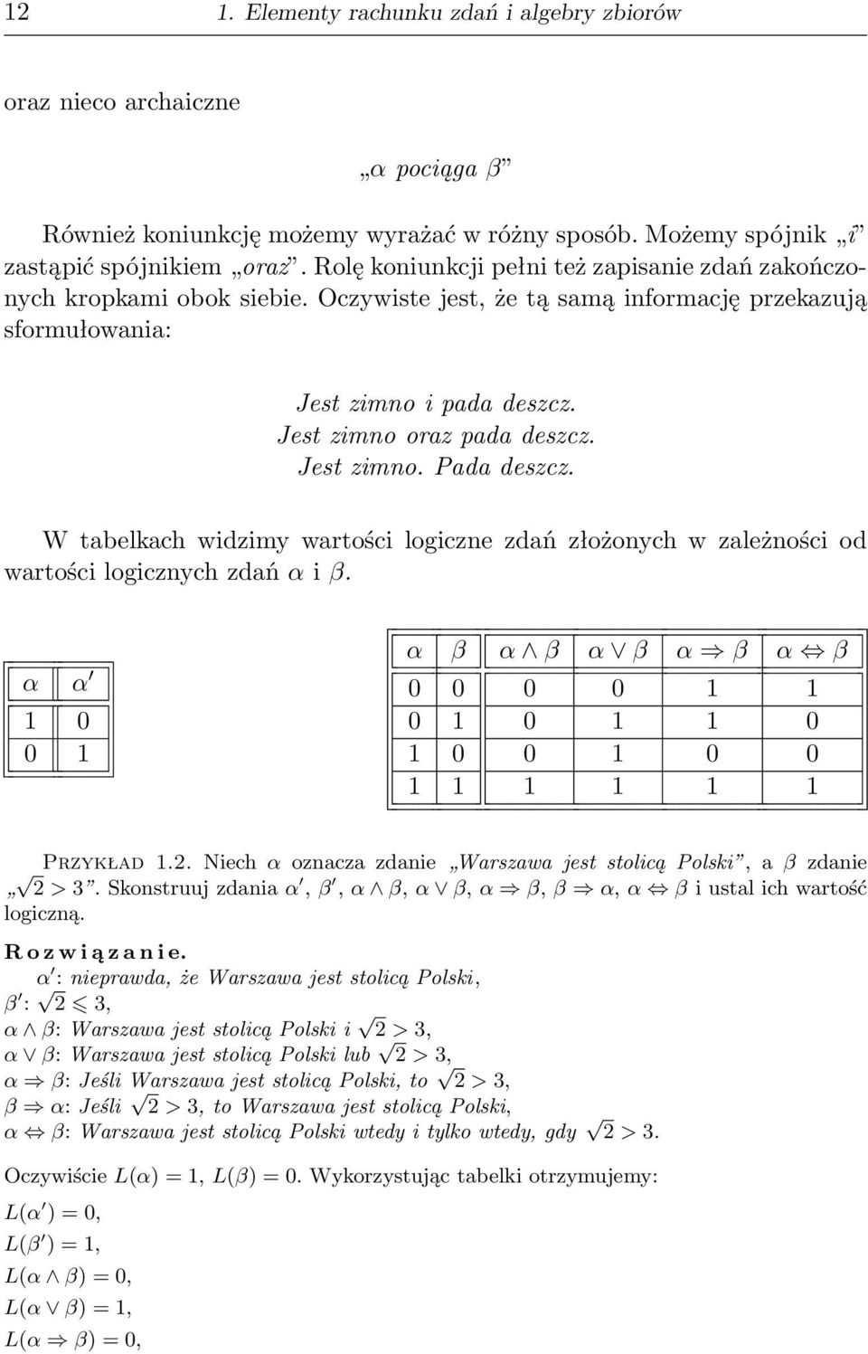 Jest zimno. Pada deszcz. W tabelkach widzimy wartości logiczne zdań złożonych w zależności od wartości logicznych zdań α i β.