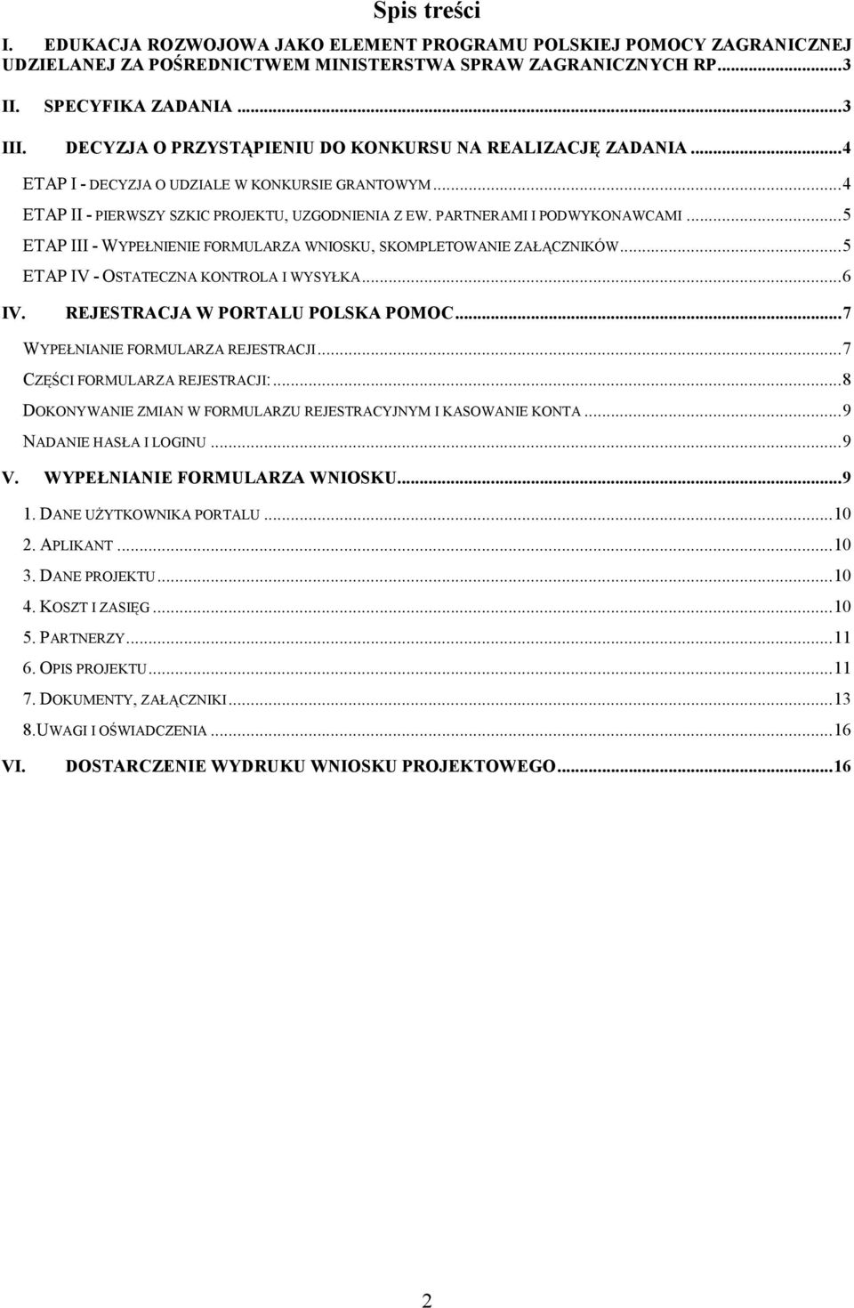 ..5 ETAP III - WYPEŁNIENIE FORMULARZA WNIOSKU, SKOMPLETOWANIE ZAŁĄCZNIKÓW...5 ETAP IV - OSTATECZNA KONTROLA I WYSYŁKA...6 IV. REJESTRACJA W PORTALU POLSKA POMOC...7 WYPEŁNIANIE FORMULARZA REJESTRACJI.
