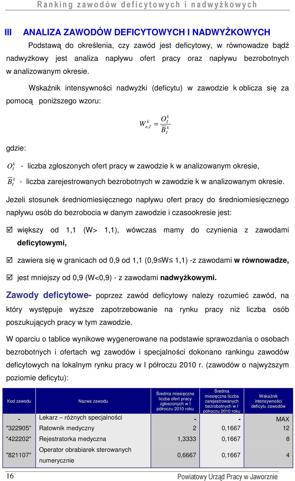 Wskaźnik intensywności nadwyŝki (deficytu) w zawodzie k oblicza się za pomocą poniŝszego wzoru: W = k n, I O B k I k I gdzie: k O I - liczba zgłoszonych ofert pracy w zawodzie k w analizowanym
