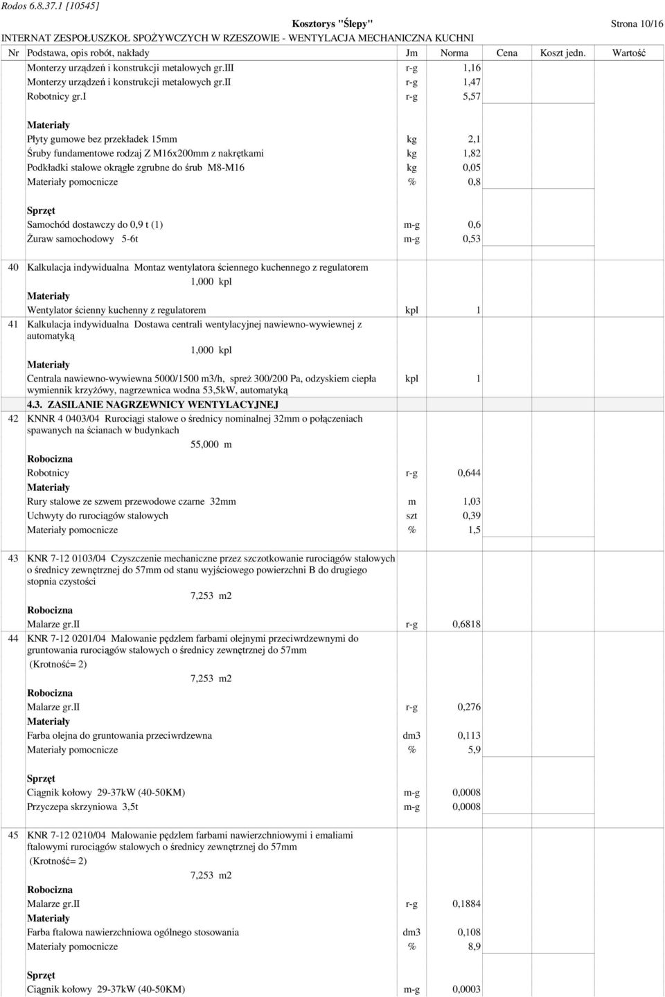 dostawczy do 0,9 t (1) m-g 0,6 śuraw samochodowy 5-6t m-g 0,53 40 Kalkulacja indywidualna Montaz wentylatora ściennego kuchennego z regulatorem 1,000 kpl Wentylator ścienny kuchenny z regulatorem kpl