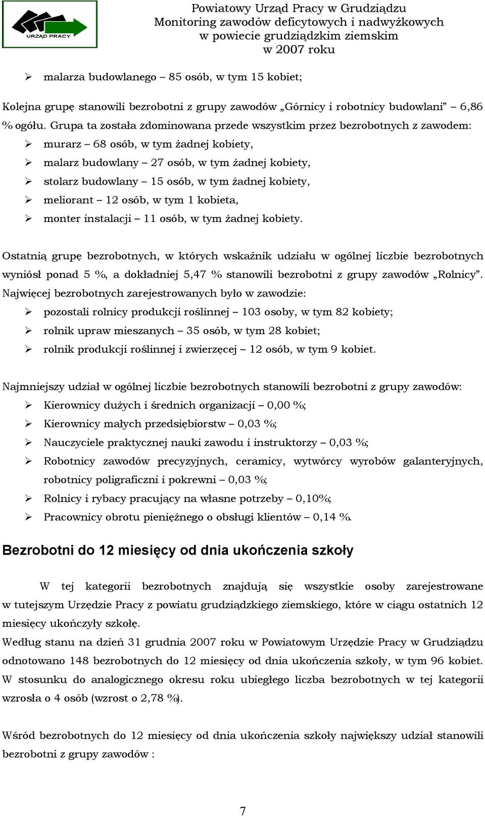 Grupa ta została zdominowana przede wszystkim przez bezrobotnych z zawodem: murarz 68 osób, w tym żadnej kobiety, malarz budowlany 27 osób, w tym żadnej kobiety, stolarz budowlany 15 osób, w tym