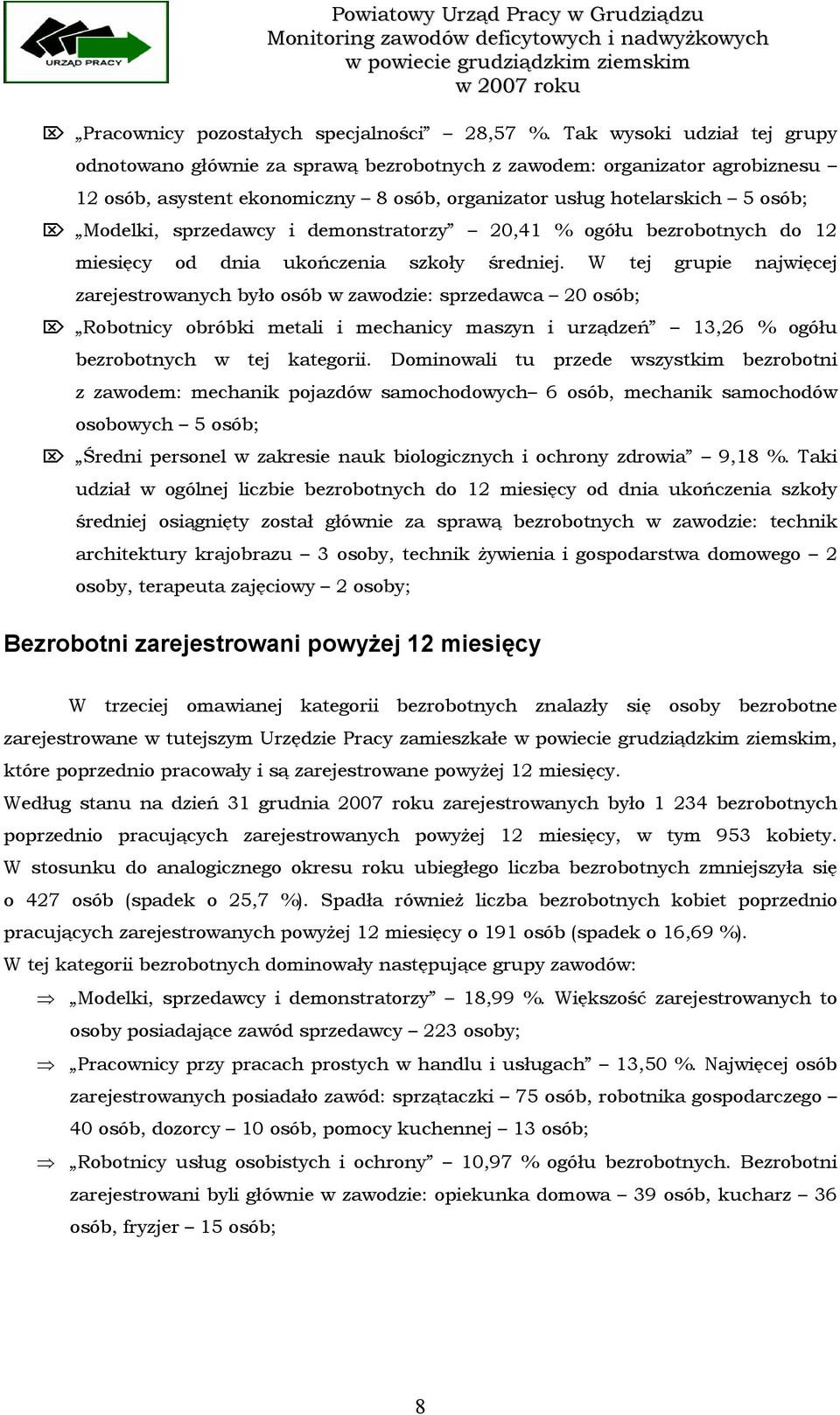 sprzedawcy i demonstratorzy 20,41 % ogółu bezrobotnych do 12 miesięcy od dnia ukończenia szkoły średniej.