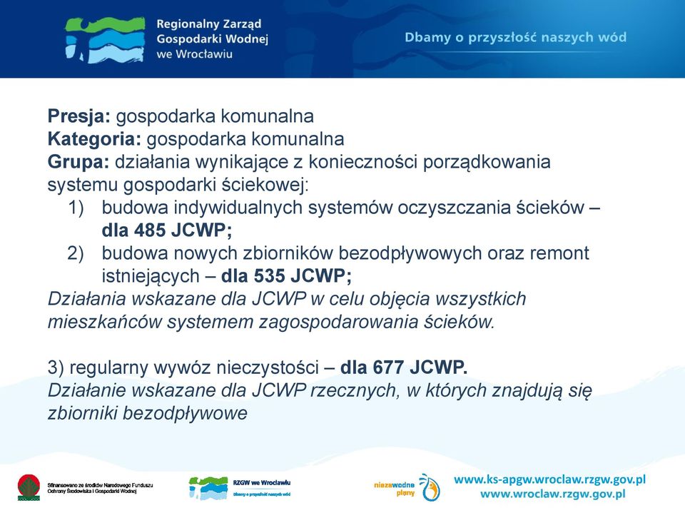 bezodpływowych oraz remont istniejących dla 535 JCWP; Działania wskazane dla JCWP w celu objęcia wszystkich mieszkańców systemem