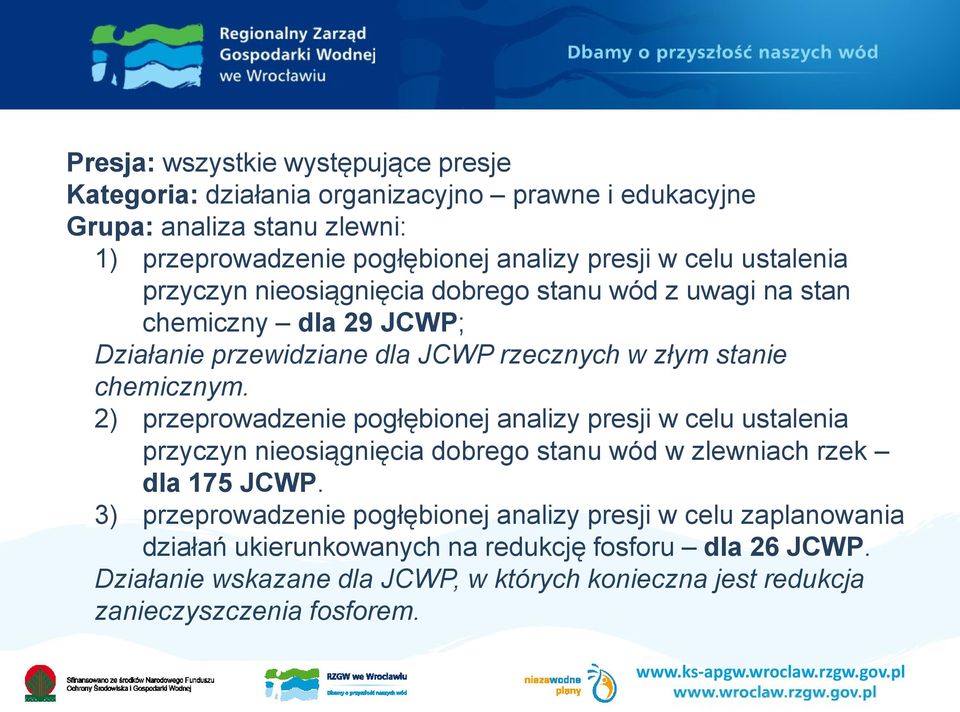2) przeprowadzenie pogłębionej analizy presji w celu ustalenia przyczyn nieosiągnięcia dobrego stanu wód w zlewniach rzek dla 175 JCWP.