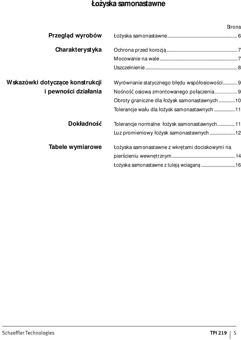 .. 9 Obroty graniczne dla ysk samonastawnych...10 Tolerancje wa u dla ysk samonastawnych.