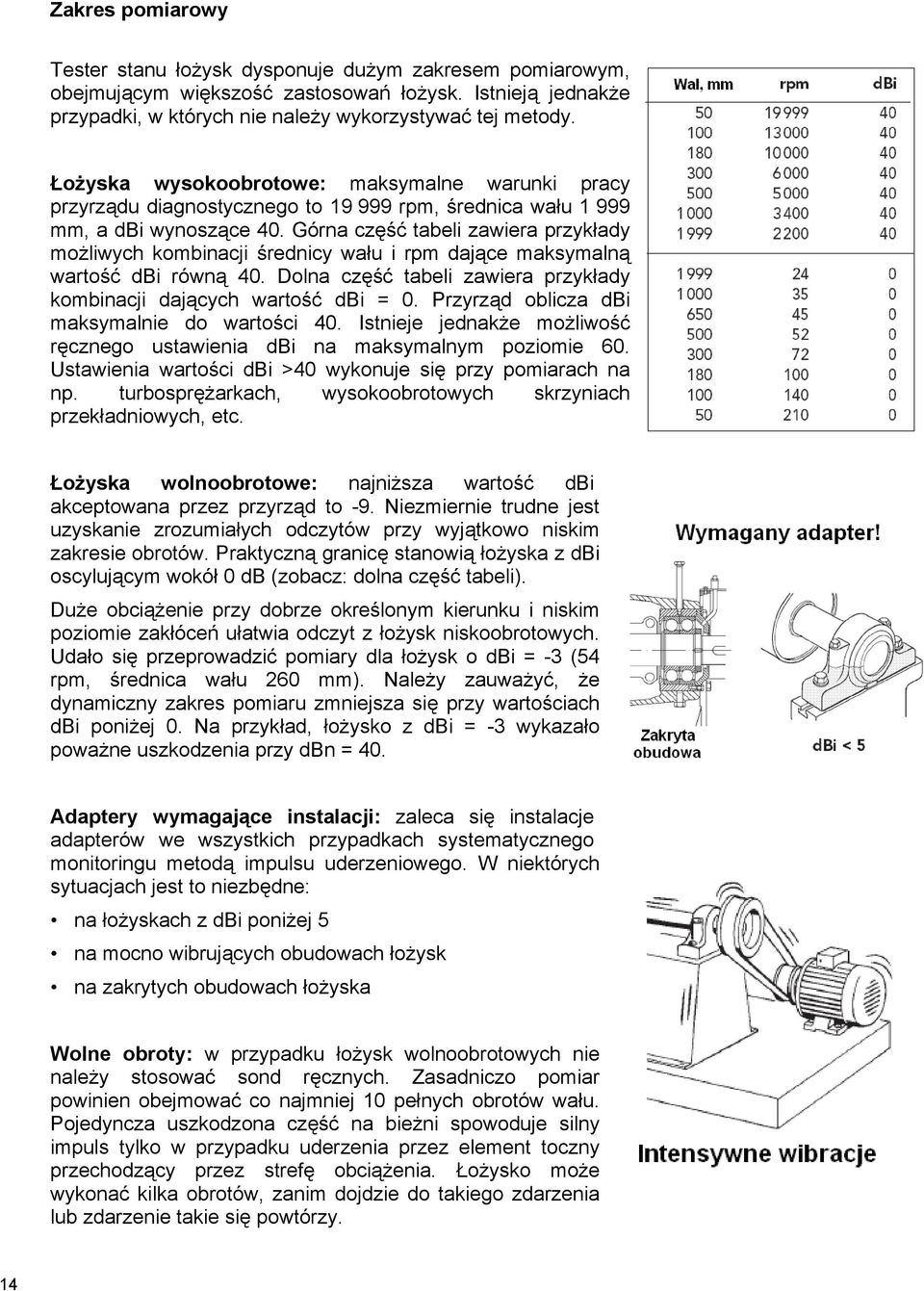 Górna część tabeli zawiera przykłady możliwych kombinacji średnicy wału i rpm dające maksymalną wartość dbi równą 40. Dolna część tabeli zawiera przykłady kombinacji dających wartość dbi = 0.
