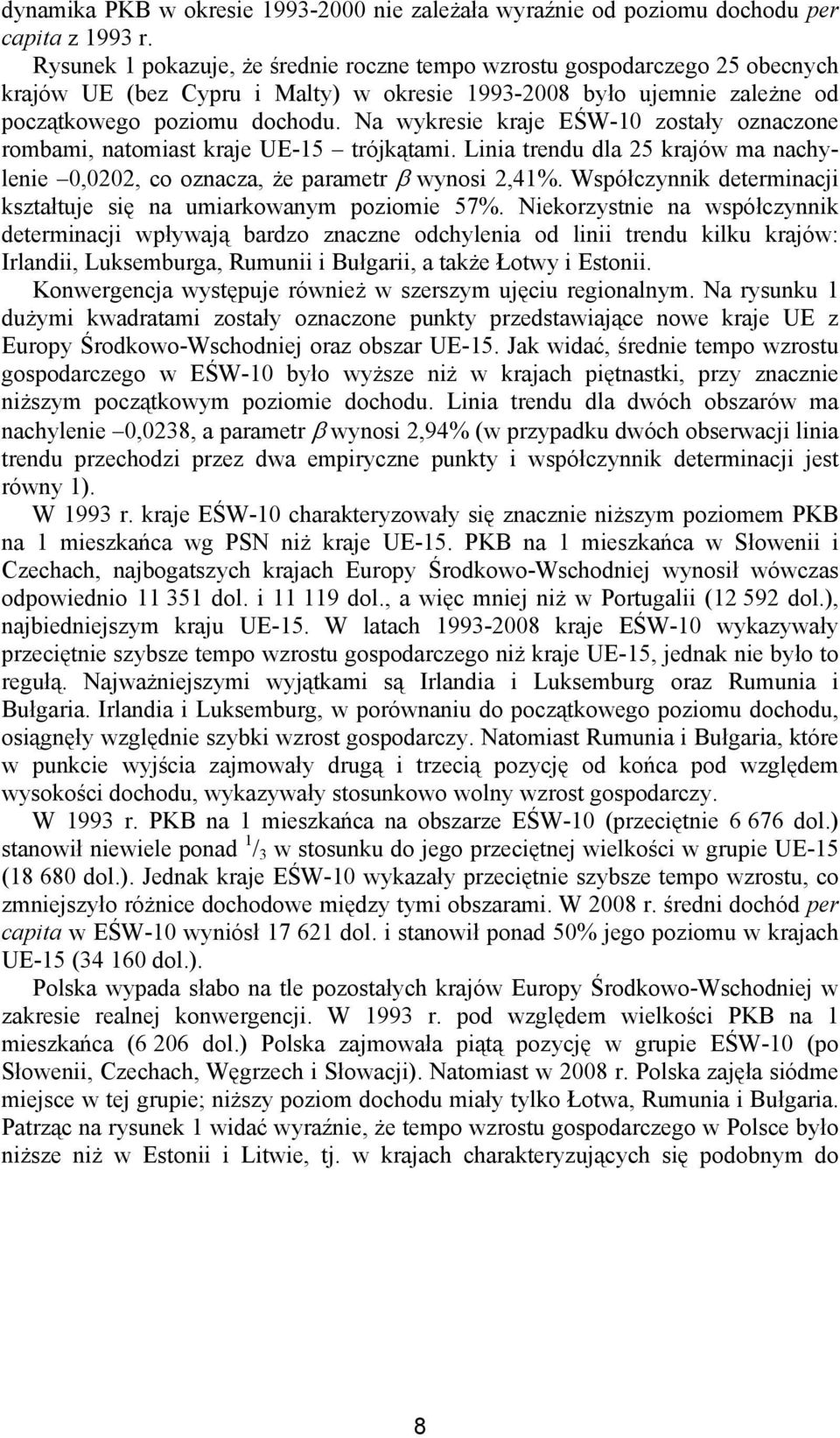 Na wykresie kraje EŚW-10 zostały oznaczone rombami, natomiast kraje UE-15 trójkątami. Linia trendu dla 25 krajów ma nachylenie 0,0202, co oznacza, że parametr β wynosi 2,41%.