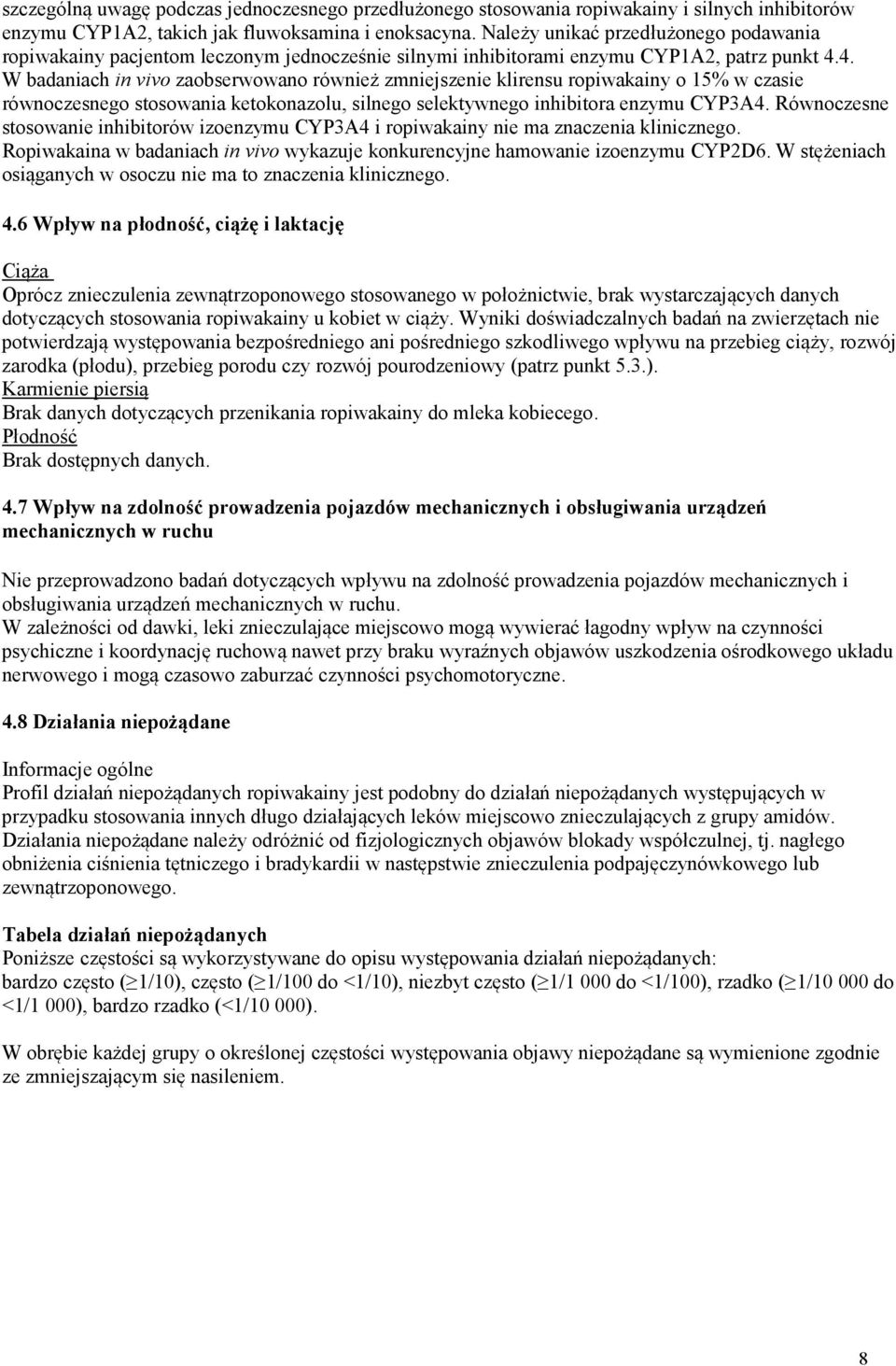 4. W badaniach in vivo zaobserwowano również zmniejszenie klirensu ropiwakainy o 15% w czasie równoczesnego stosowania ketokonazolu, silnego selektywnego inhibitora enzymu CYP3A4.