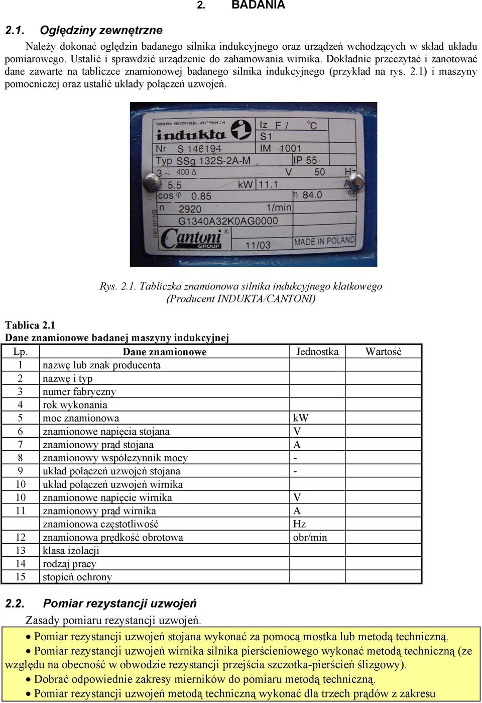 .. Tablicka namionowa ilnika indukcyjnego klatkowego (Poducent NDKTA/CANTON) Tablica. Dane namionowe badanej mayny indukcyjnej Lp.