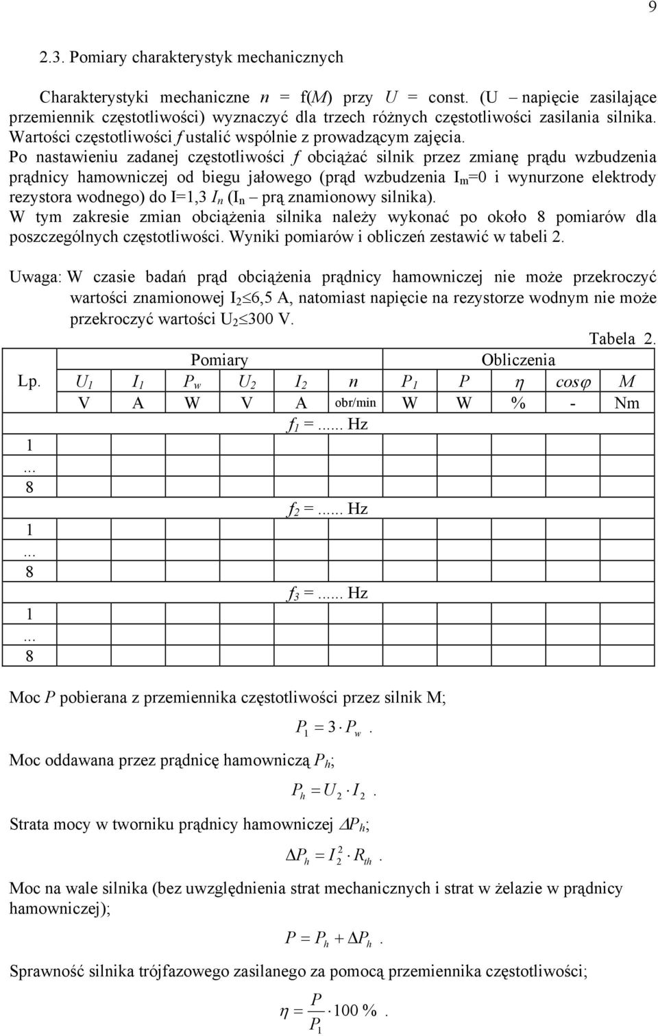 wyurzoe elektrody rezystora wodego) do I=,3 I (I prą zamioowy silika) W tym zakresie zmia obciążeia silika ależy wykoać po około pomiarów dla poszczególych częstotliwości Wyiki pomiarów i obliczeń