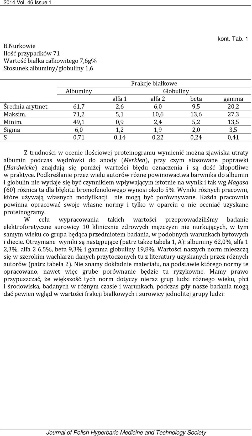 49,1 0,9 2,4 5,2 13,5 Sigma 6,0 1,2 1,9 2,0 3,5 S 0,71 0,14 0,22 0,24 0,41 Z trudności w ocenie ilościowej proteinogramu wymienić można zjawiska utraty albumin podczas wędrówki do anody (Merklen),