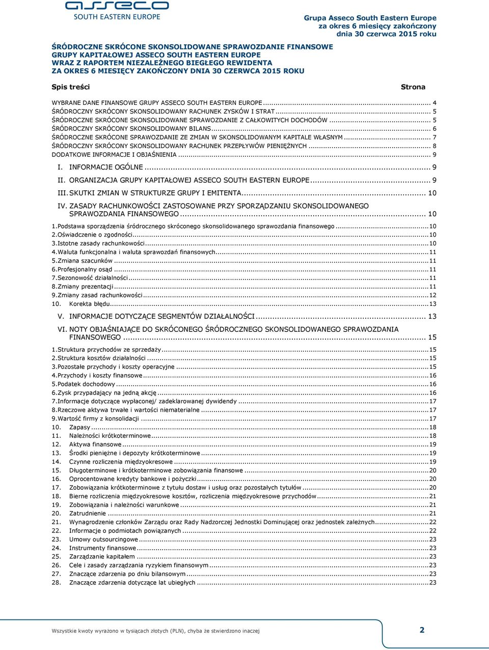 .. 5 ŚRÓDROCZNE SKRÓCONE SKONSOLIDOWANE SPRAWOZDANIE Z CAŁKOWITYCH DOCHODÓW... 5 ŚRÓDROCZNY SKRÓCONY SKONSOLIDOWANY BILANS.
