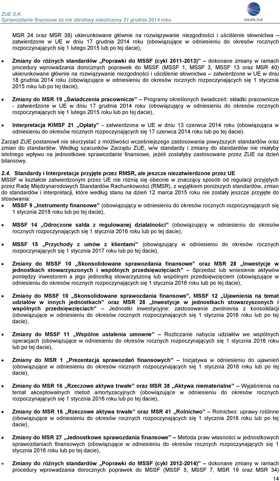 1, MSSF 3, MSSF 13 oraz MSR 40) ukierunkowane głównie na rozwiązywanie niezgodności i uściślenie słownictwa zatwierdzone w UE w dniu 18 grudnia 2014 roku (obowiązujące w odniesieniu do okresów