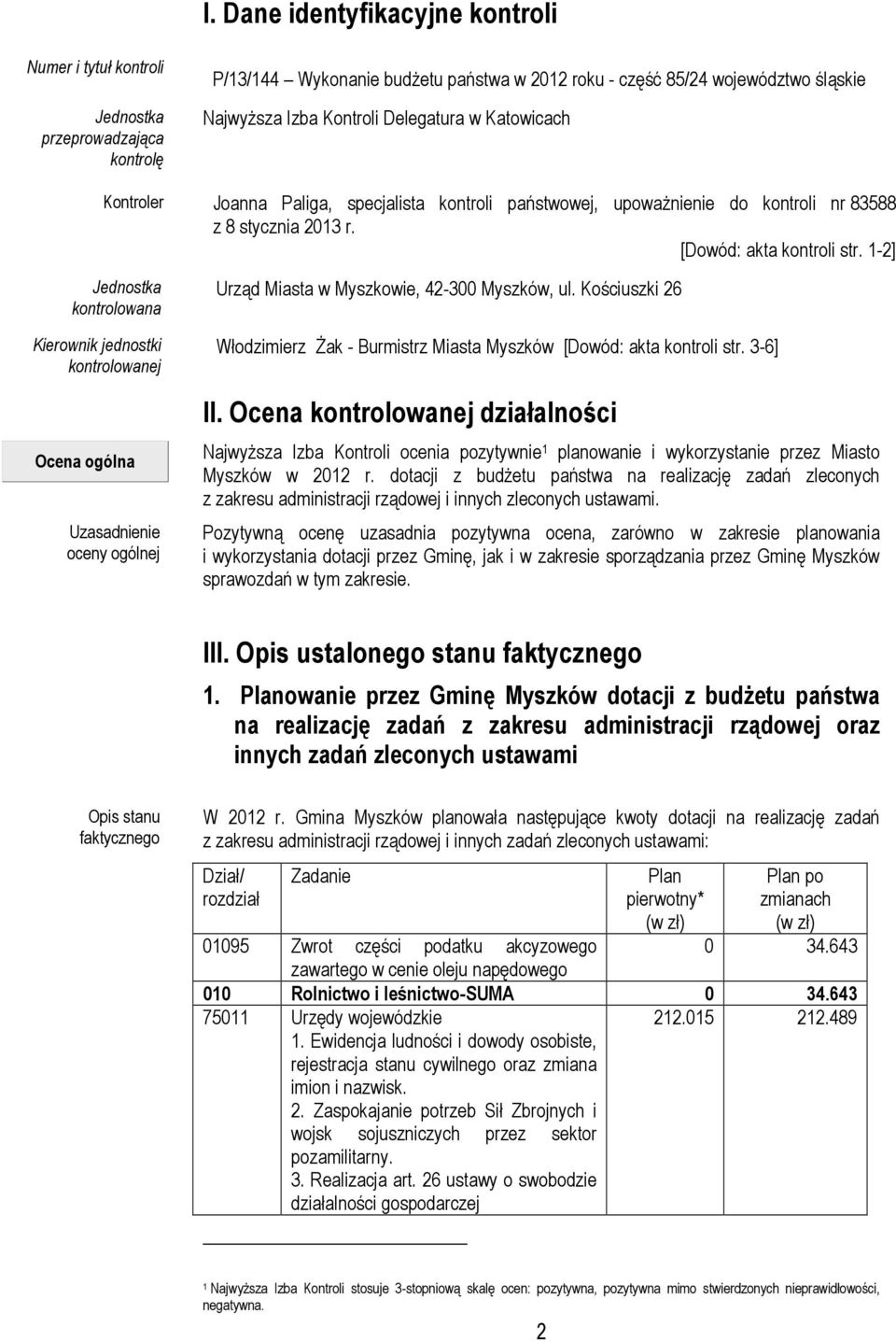 1-2] Jednostka kontrolowana Kierownik jednostki kontrolowanej Ocena ogólna Uzasadnienie oceny ogólnej Urząd Miasta w Myszkowie, 42-300 Myszków, ul.