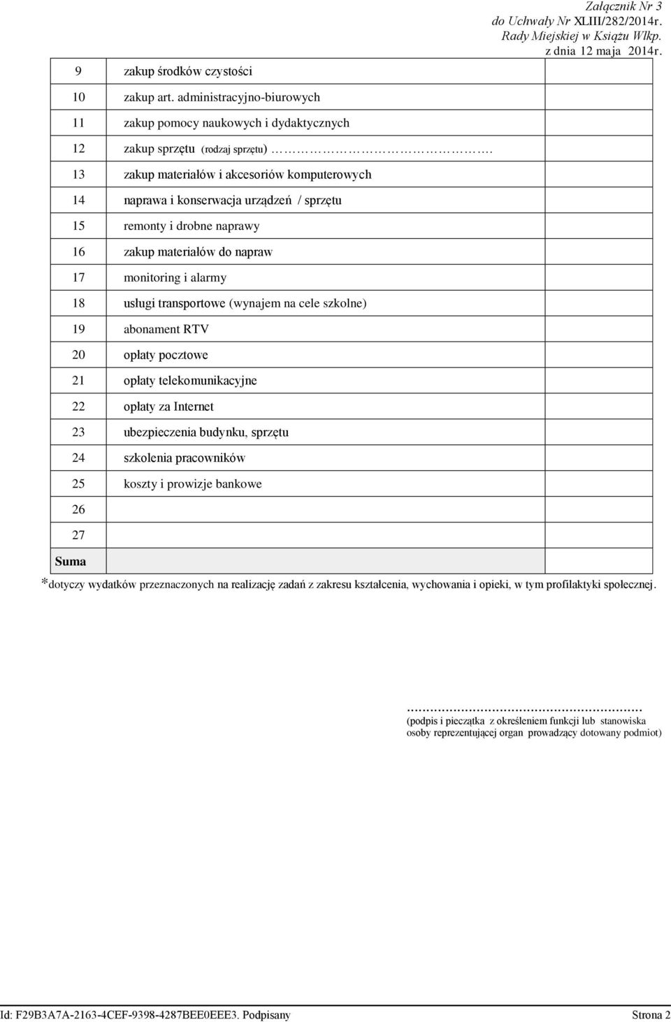 (wynajem na cele szkolne) 19 abonament RTV 20 opłaty pocztowe 21 opłaty telekomunikacyjne 22 opłaty za Internet 23 ubezpieczenia budynku, sprzętu 24 szkolenia pracowników 25 koszty i prowizje bankowe