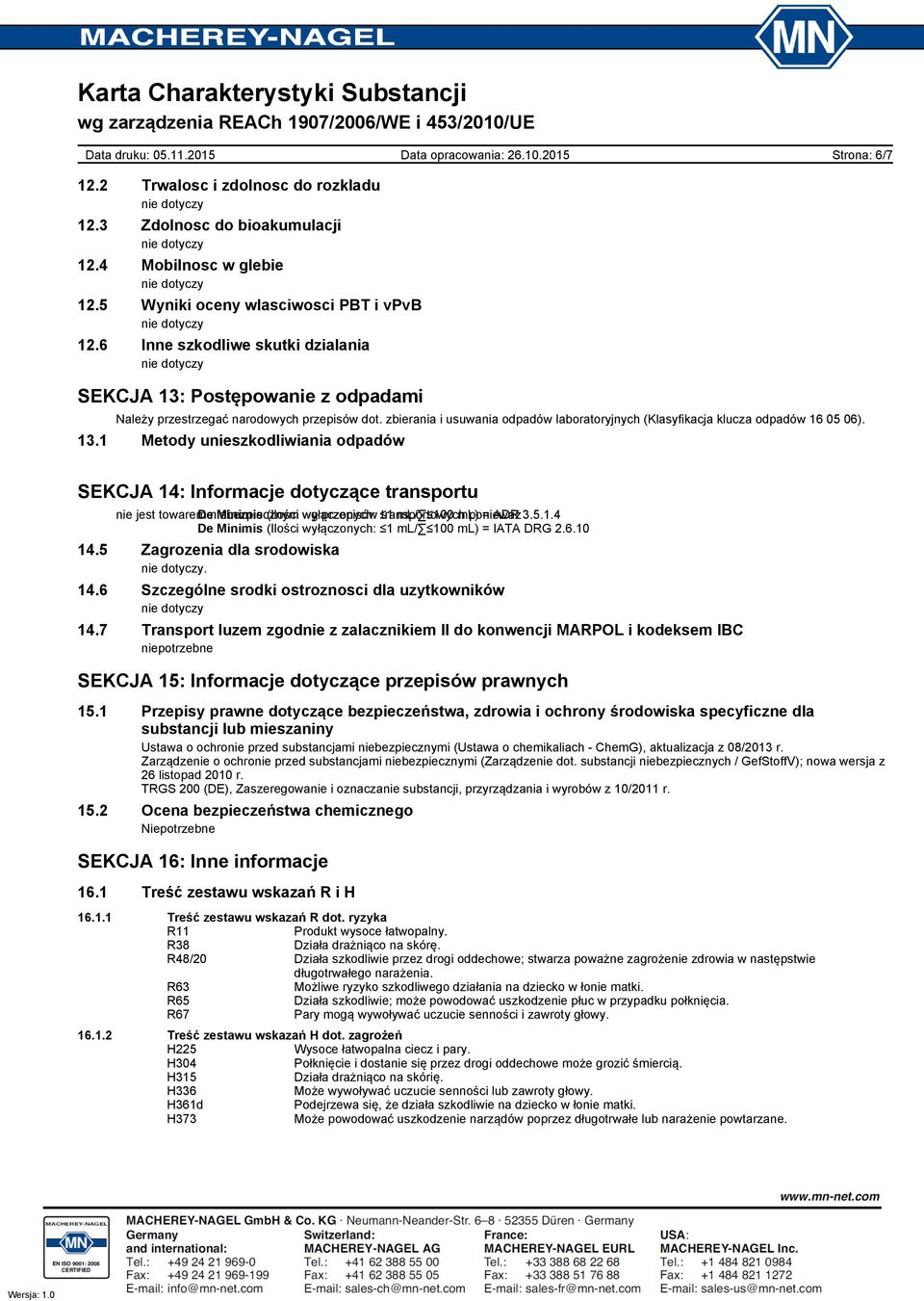 13.1 Metody unieszkodliwiania odpadów SEKCJA 14: Informacje dotyczące transportu nie jest towarem De niebezpiecznym Minimis (Ilości wg wyłączonych: przepisów 1 transportowych ml/ 100 ml) ponieważ =