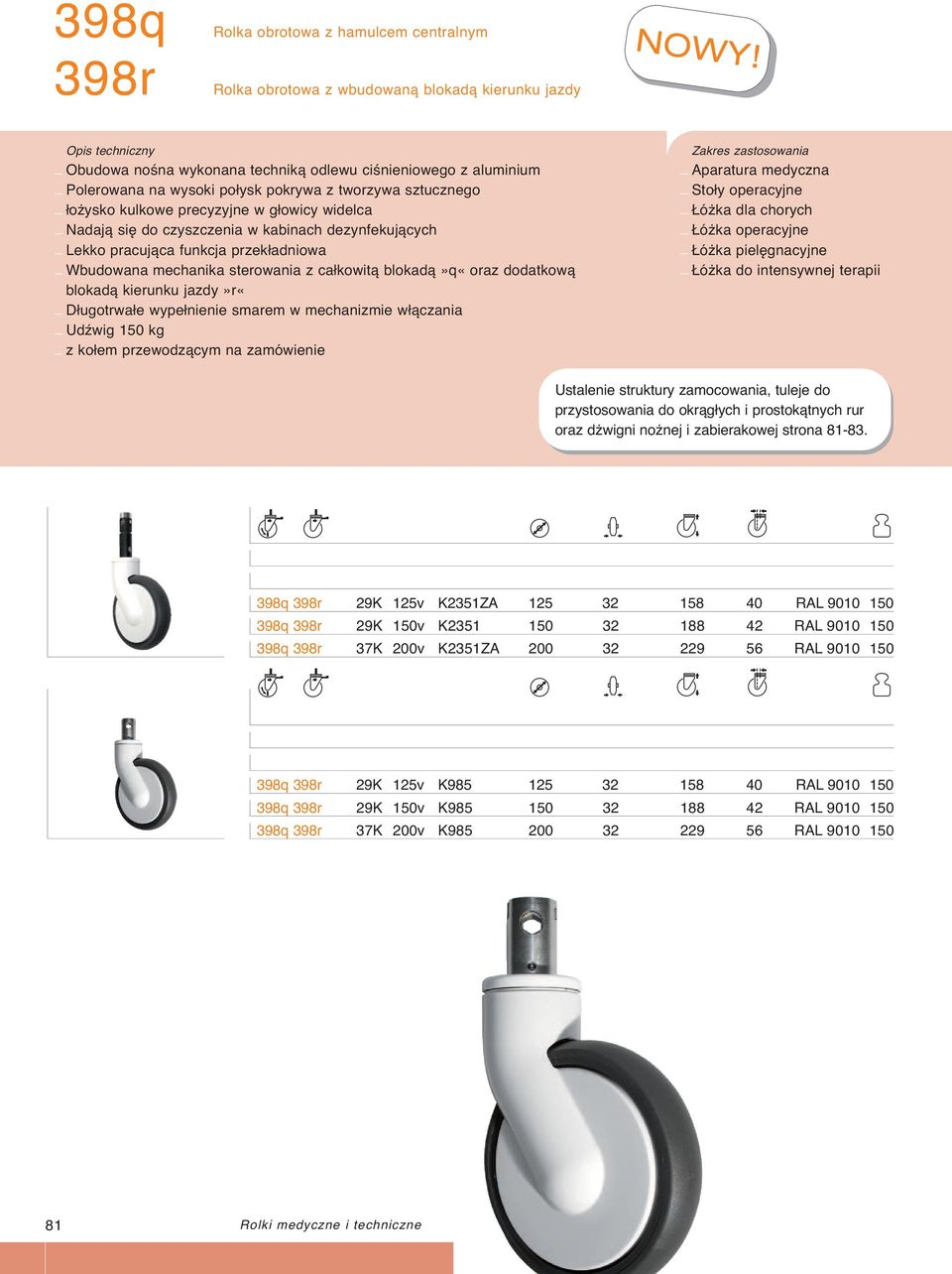 czyszczenia w kabinach dezynfekujących _ Lekko pracująca funkcja przekładniowa _ Długotrwałe wypełnienie smarem w mechanizmie włączania _ Udźwig 150 kg _ z kołem przewodzącym na zamówienie _