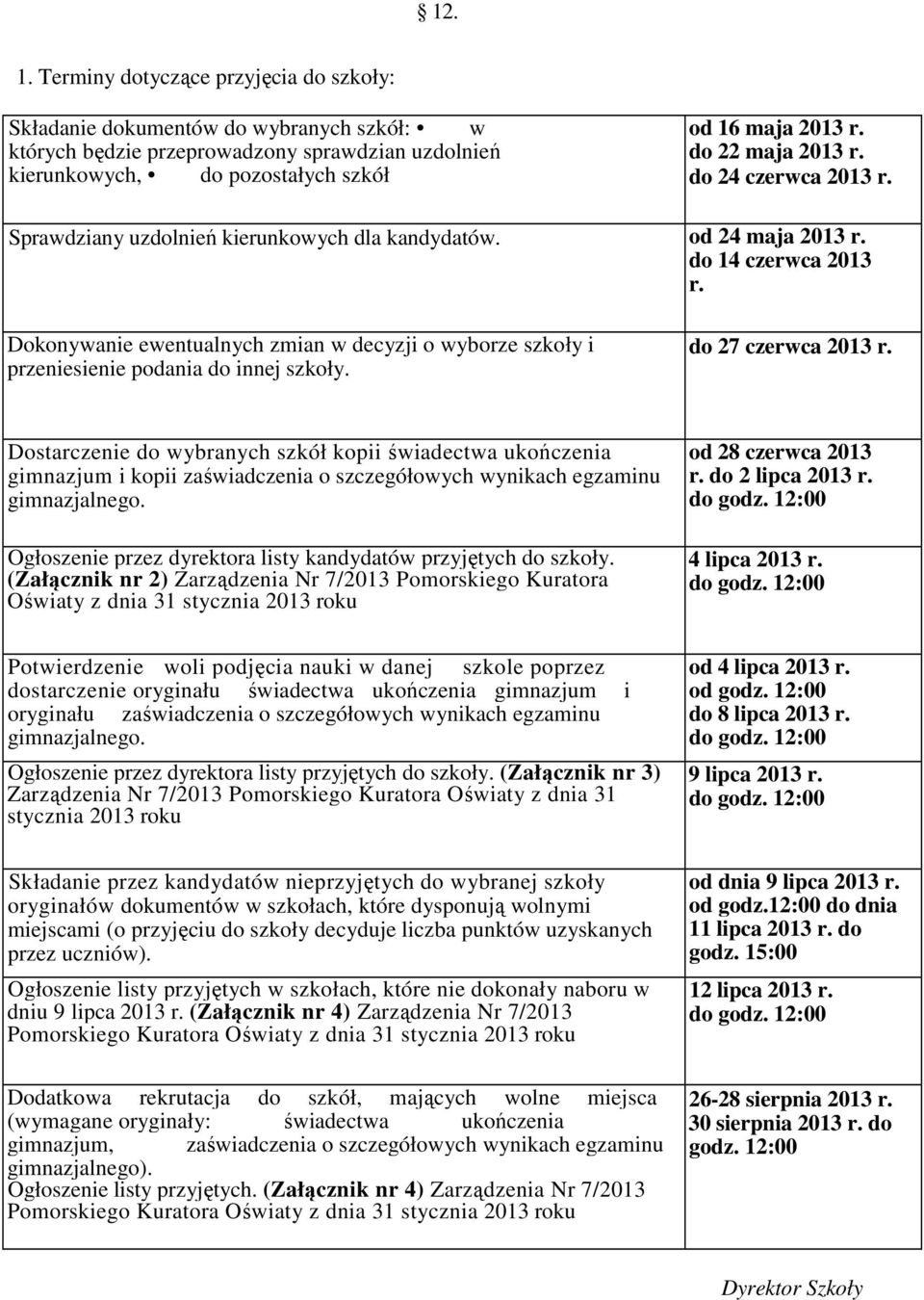 Dokonywanie ewentualnych zmian w decyzji o wyborze szkoły i przeniesienie podania do innej szkoły. do 27 czerwca 2013 r.