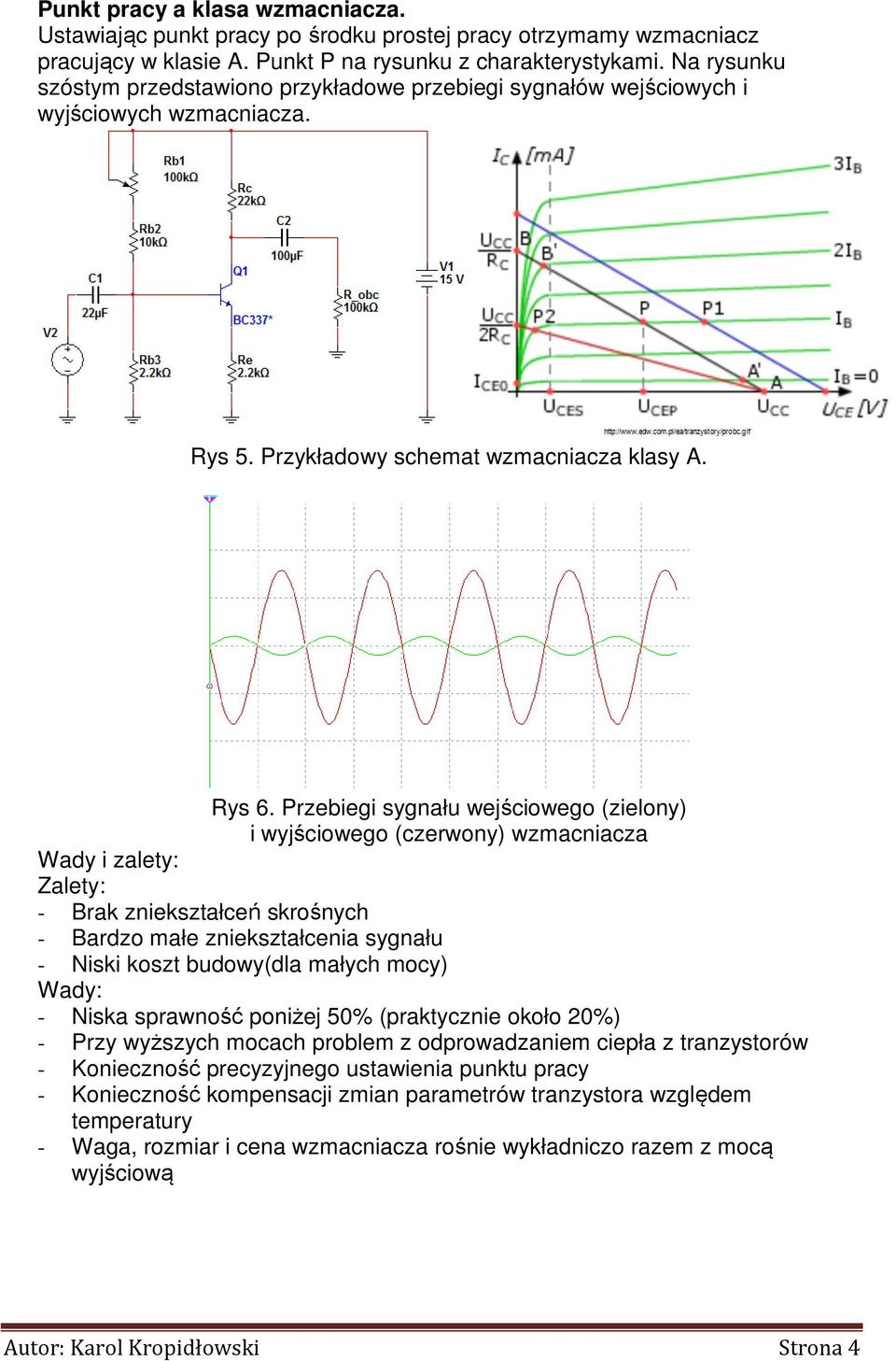 Przebiegi sygnału wejściowego (zielony) i wyjściowego (czerwony) wzmacniacza Wady i zalety: Zalety: - Brak zniekształceń skrośnych - Bardzo małe zniekształcenia sygnału - Niski koszt budowy(dla