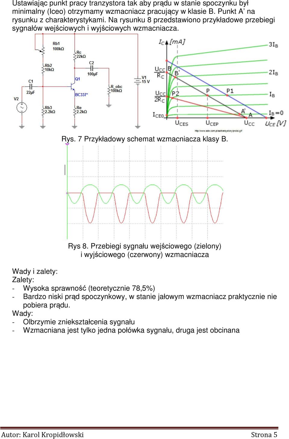 Przebiegi sygnału wejściowego (zielony) i wyjściowego (czerwony) wzmacniacza Wady i zalety: Zalety: - Wysoka sprawność (teoretycznie 78,5%) - Bardzo niski prąd spoczynkowy, w