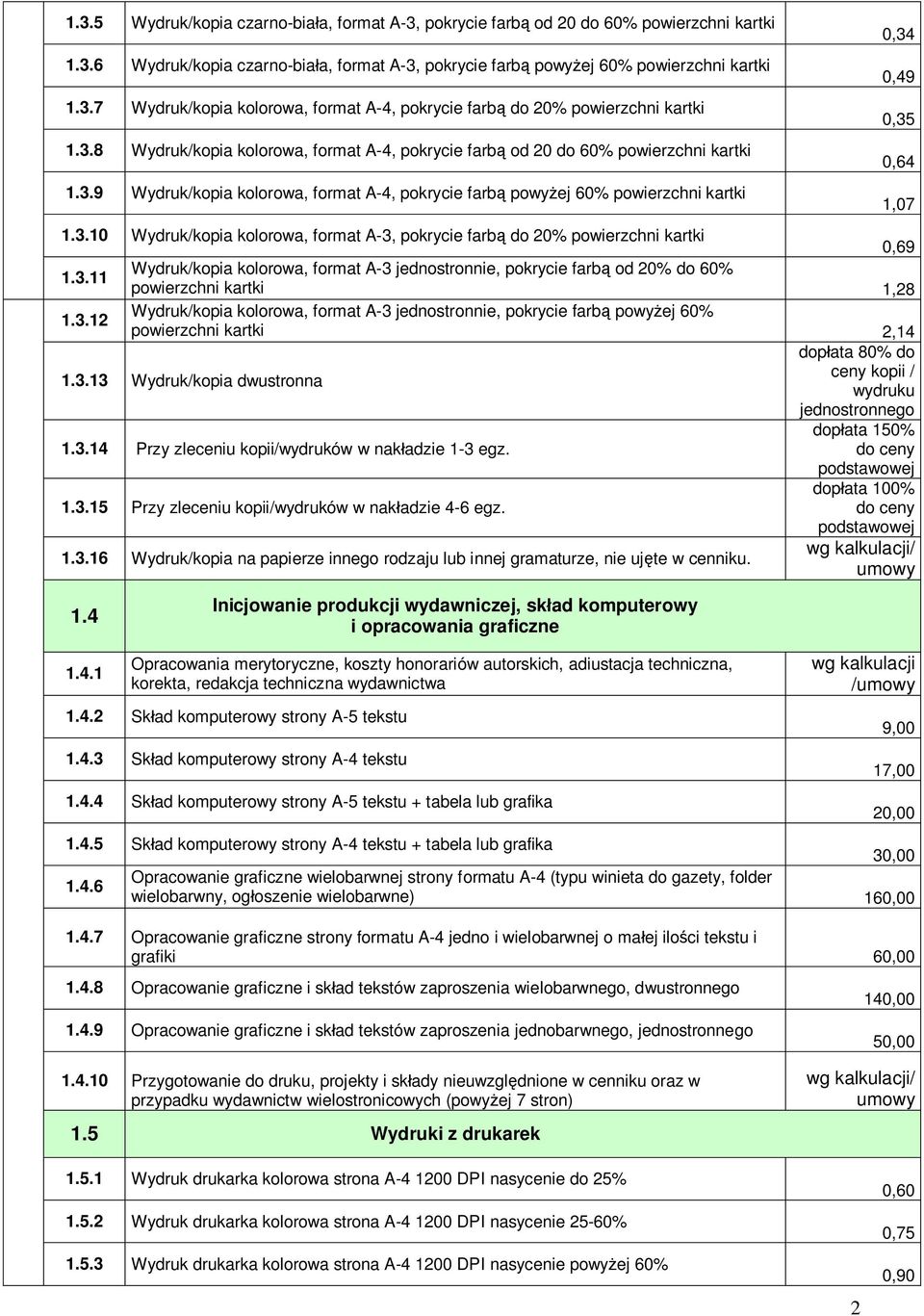 3.11 Wydruk/kopia kolorowa, format A-3 jednostronnie, pokrycie farb od 20% do 60% powierzchni kartki 1,28 1.3.12 Wydruk/kopia kolorowa, format A-3 jednostronnie, pokrycie farb powy ej 60% powierzchni kartki 2,14 1.