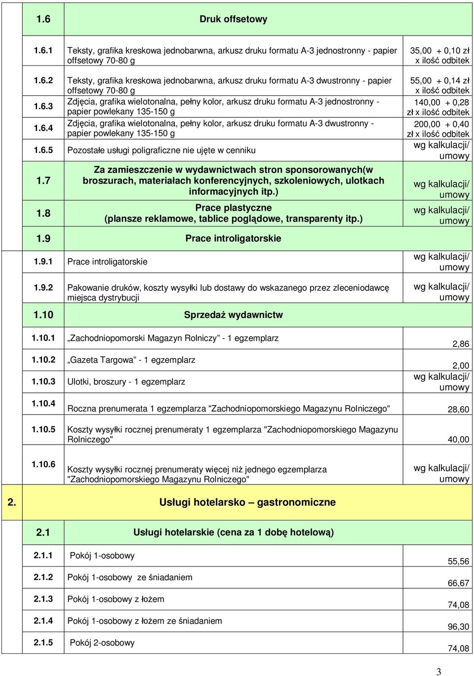 6.5 Pozosta e us ugi poligraficzne nie uj te w cenniku 1.7 1.