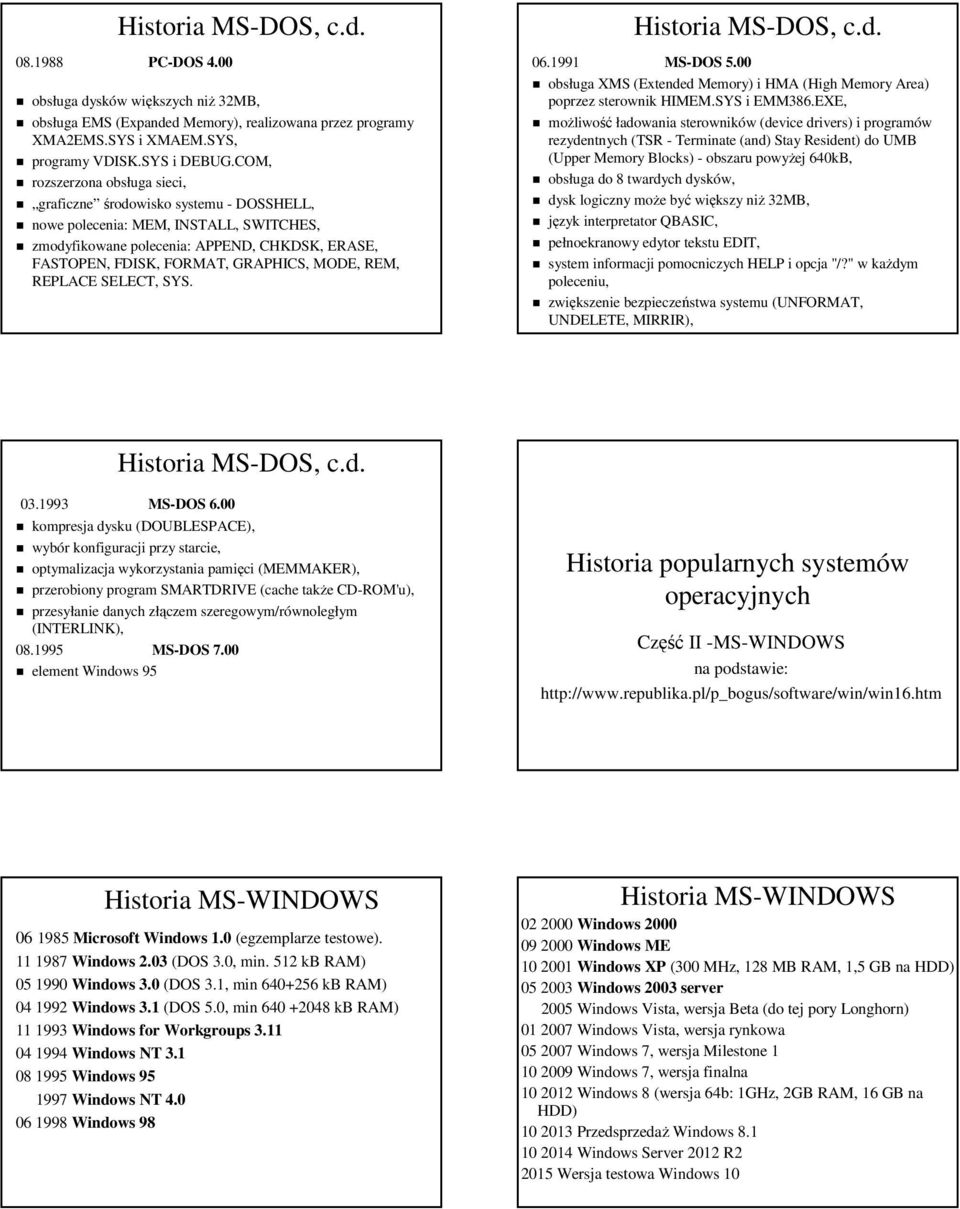 MODE, REM, REPLACE SELECT, SYS. 06.1991 MS-DOS 5.00 obsługa XMS (Extended Memory) i HMA (High Memory Area) poprzez sterownik HIMEM.SYS i EMM386.