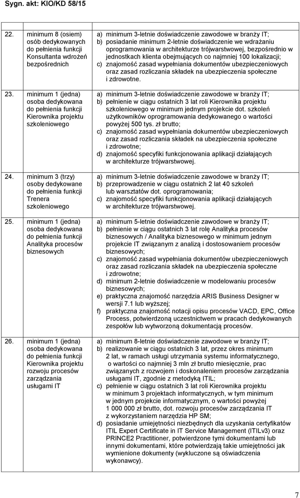 minimum 1 (jedna) osoba dedykowana Kierownika projektu rozwoju procesów zarządzania usługami IT a) minimum 3-letnie doświadczenie zawodowe w branży IT; b) posiadanie minimum 2-letnie doświadczenie we