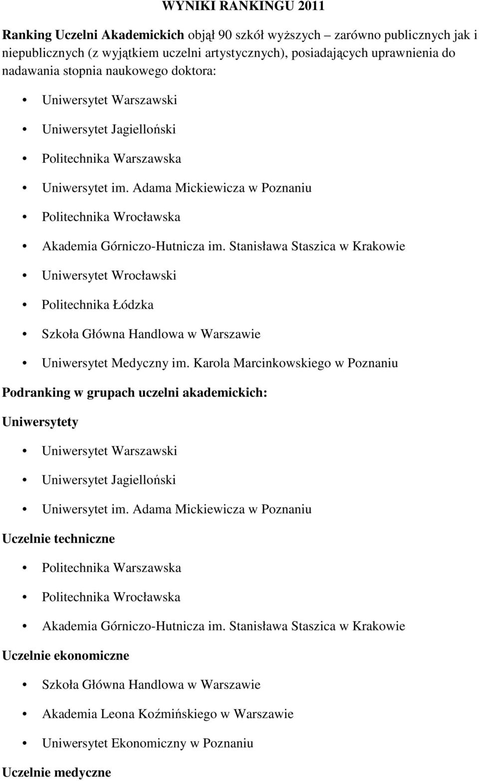 Stanisława Staszica w Krakowie Uniwersytet Wrocławski Politechnika Łódzka Szkoła Główna Handlowa w Warszawie Uniwersytet Medyczny im.